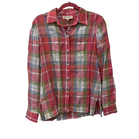 Jones New York pink plaid linen button down, small - Picture 1 of 9